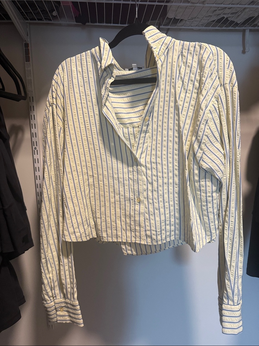 Fashion Nova Cream and Blue Striped Button-Down Crop Shirt